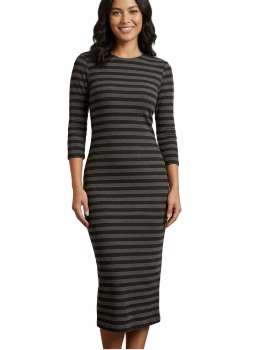 Women's French Connection Midi Dress Size 10 Black Grey Striped 2044